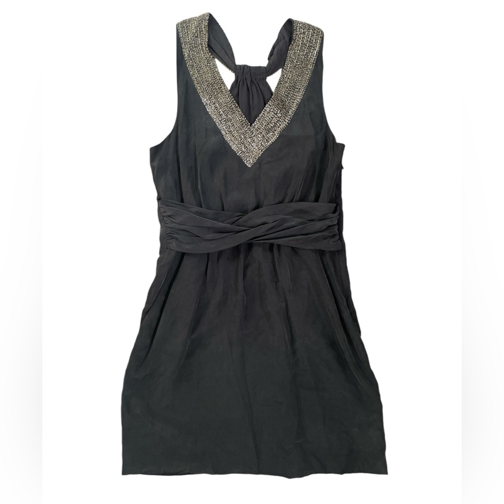 Theory Silk Mini Racerback Dress with Beaded Neckline and Pockets